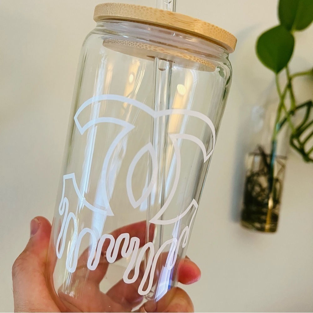 Custom Designer Inspired 16 oz Glass Tumbler Wood Lid w/ Glass Straw NEW - Picture 3 of 5